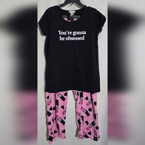 Women's Lipstick Obsessed 2 Pc Plus  Fuzzy Pajama Set  Pink  & Black Size 1X NEW